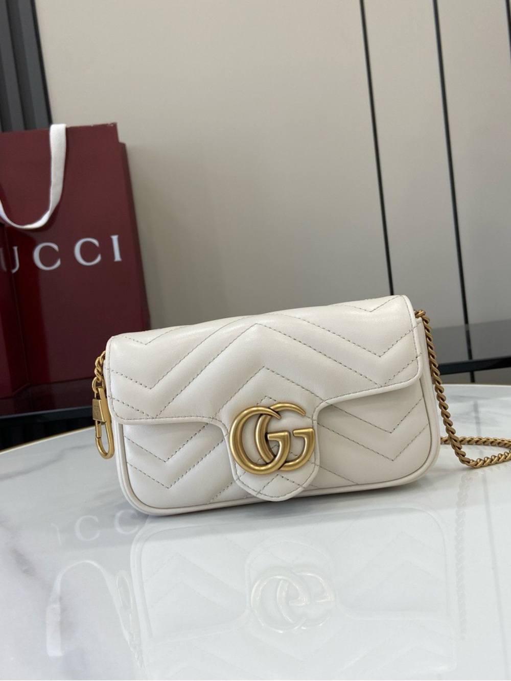 Gucci White Chevron Matelassé GG Marmont Crossbody with Gold Hardware